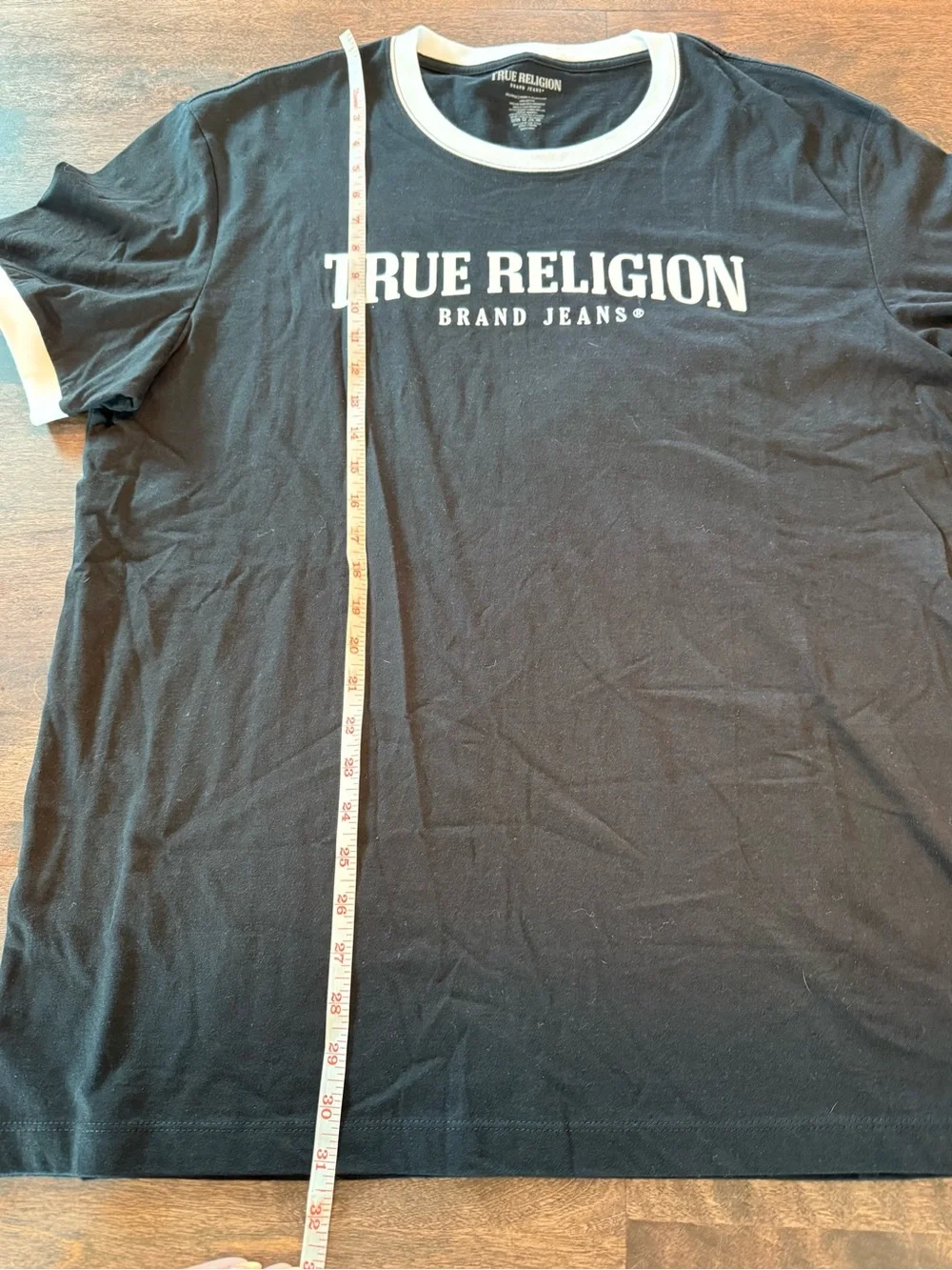 True Religion Black T-Shirt with White Ringer Collar and Chest Logo
